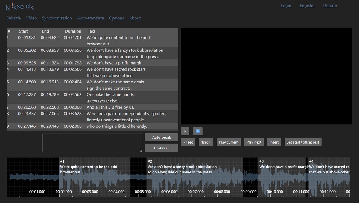 واجهة Subtitle Edit مع مخطط الصوت